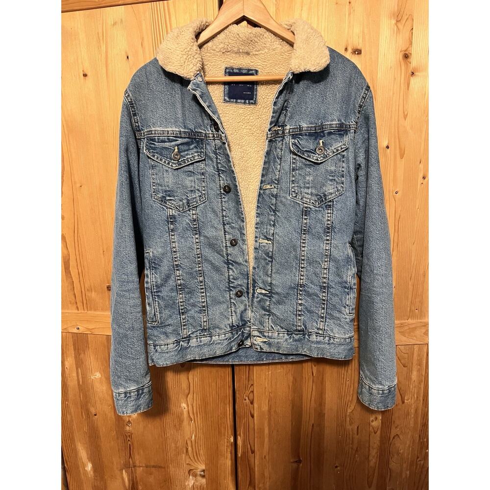 Zara Men's Denim Sherpa Lined Blue Trucker Jean Jacket M